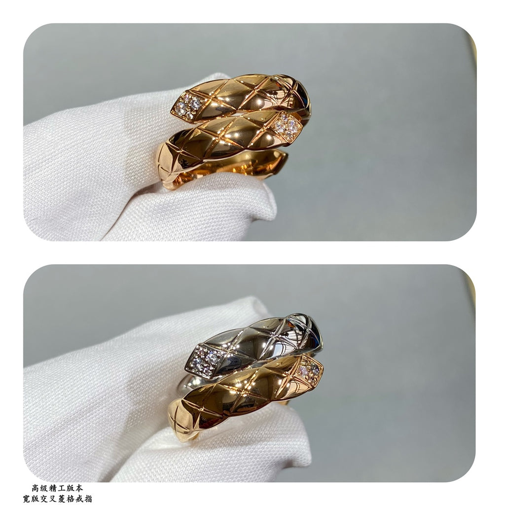 Chanel accessories rings close-up: gold and silver stacked bands with diamond accents
