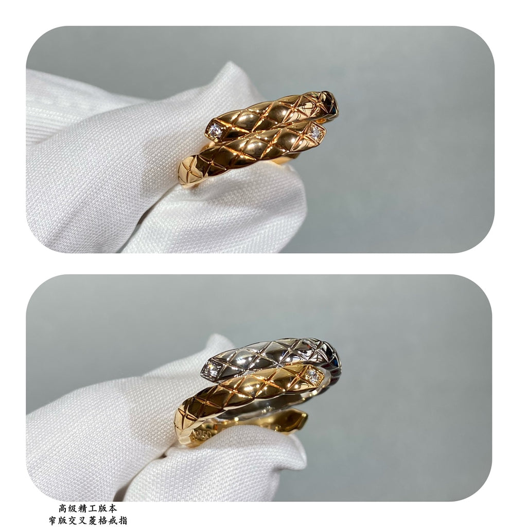 Two rings on glove: gold-tone and silver-tone bands with crisscross lattice texture
