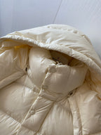 Moncler long cream puffer jacket hood lining with buttoned closures