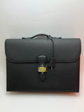 Dark gray leather satchel bag with front flap and metal clasp