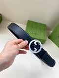 Gucci leather belt with navy strap and silver interlocking G buckle