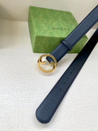 Gucci leather belt, dark blue with gold-tone interlocking G buckle