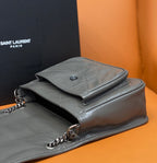 Fold-over leather shoulder bag with turn-lock clasp and chain strap, light gray
