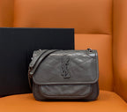 Quilted leather shoulder bag with front flap and chain strap, dark gray