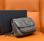 Quilted leather shoulder bag with front flap and chain strap, light gray