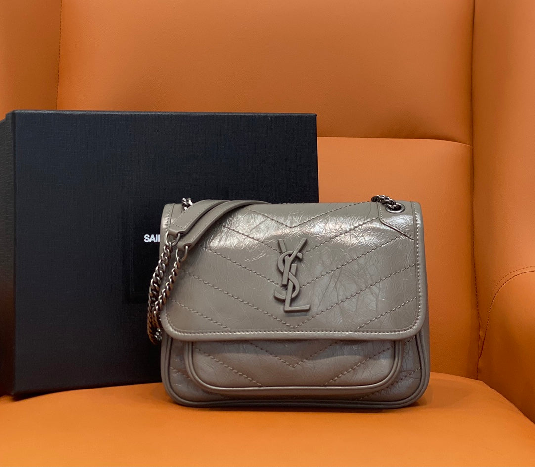 Small Saint Laurent shoulder bag with silver tone quilted leather and chain strap
