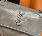 Saint Laurent YSL monogram on metallic gray quilted flap of shoulder bag