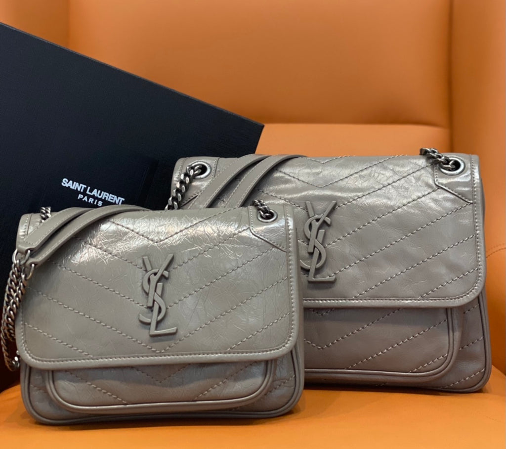YSL quilted leather shoulder bag with chain strap, flap and YSL monogram, light gray