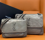 YSL quilted leather shoulder bag with chain strap, flap and YSL monogram, light gray