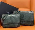 YSL quilted leather shoulder bag with chain strap, flap and YSL monogram, dark green