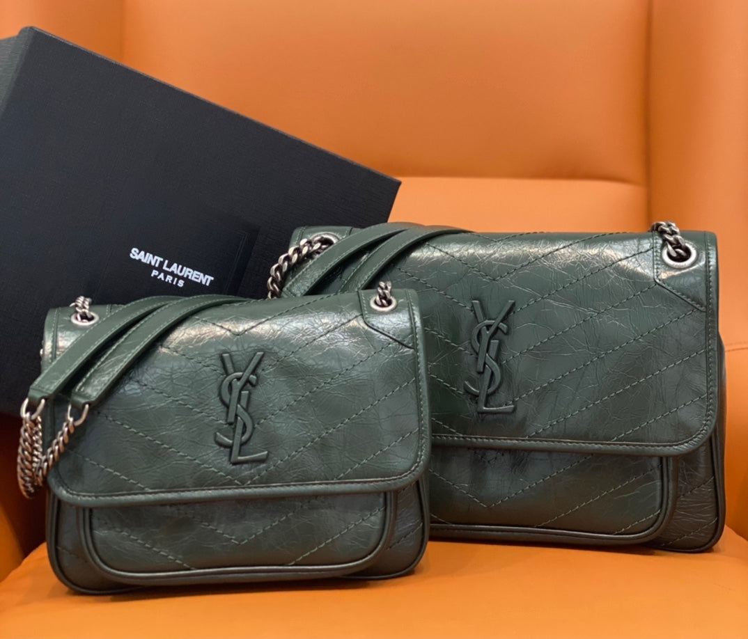 YSL quilted leather shoulder bag with chain strap, flap and YSL monogram, dark green