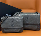 YSL quilted leather shoulder bag with chain strap, flap and YSL monogram, gray