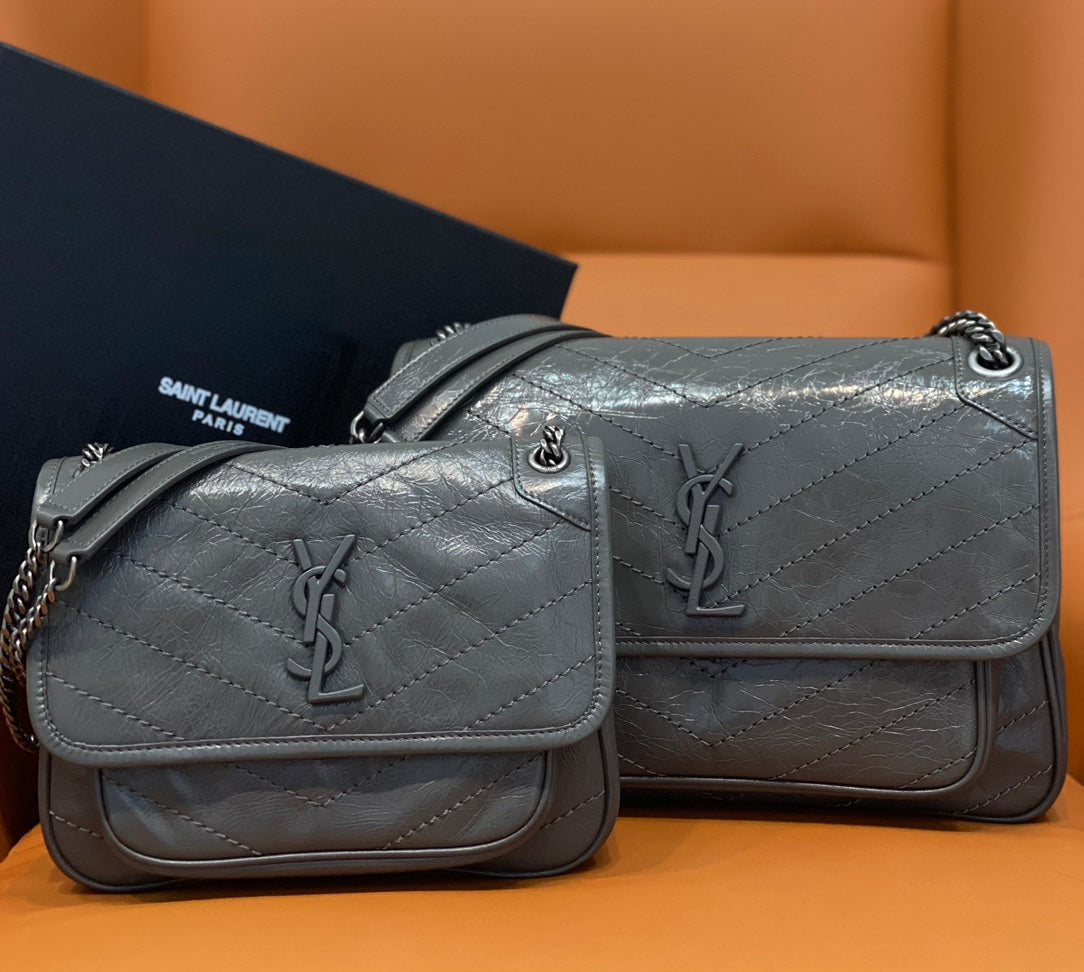 YSL quilted leather shoulder bag with chain strap, flap and YSL monogram, gray