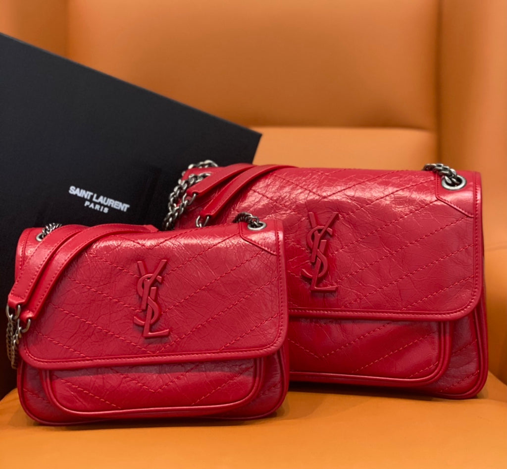 YSL quilted leather shoulder bag with chain strap, flap and YSL monogram, red