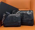 YSL quilted shoulder bag with chain strap, flap and YSL monogram, dark blue
