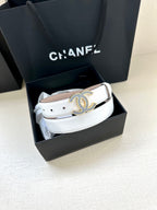 Chanel belt in a box: white leather strap with blue crystal CC buckle
