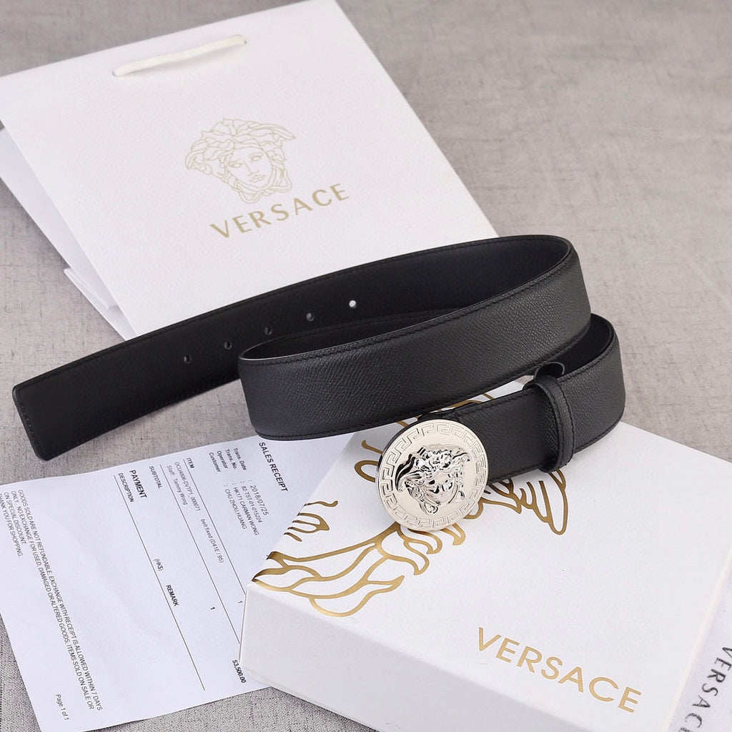 Versace belt, black leather with silver buckle and punched adjustment holes.