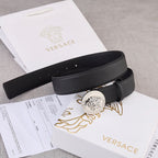 Versace belt, black leather with silver buckle and punched adjustment holes.