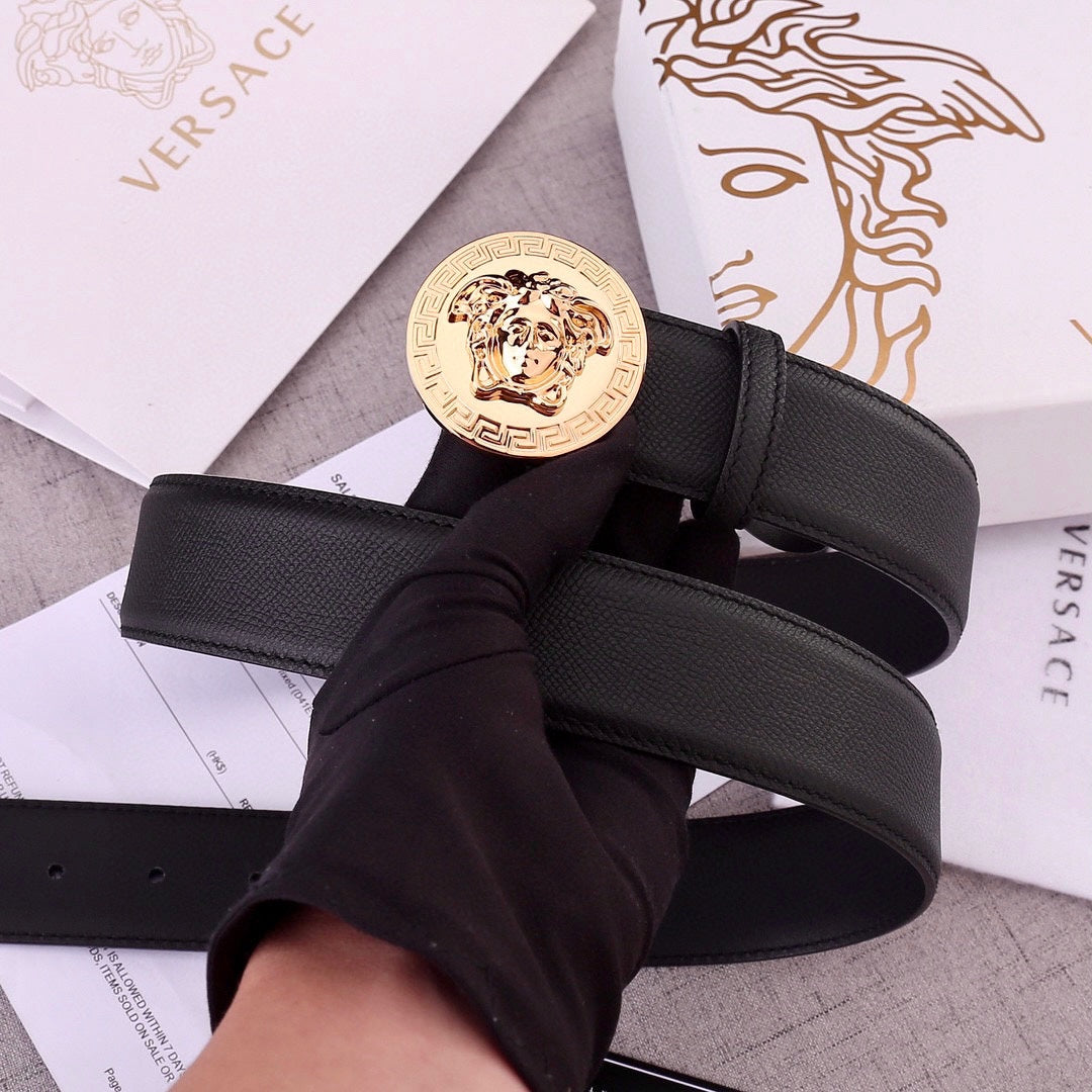 Versace belt, black leather belt with gold medallion buckle and cross strap view.