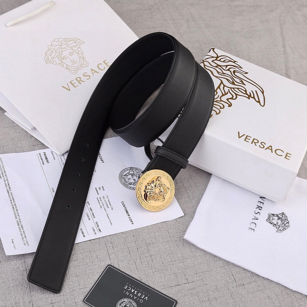 Versace belt, black leather belt with gold-and-silver medallion buckle and end.