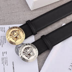 Versace belt, black leather belt with gold and silver medallion buckles shown together.