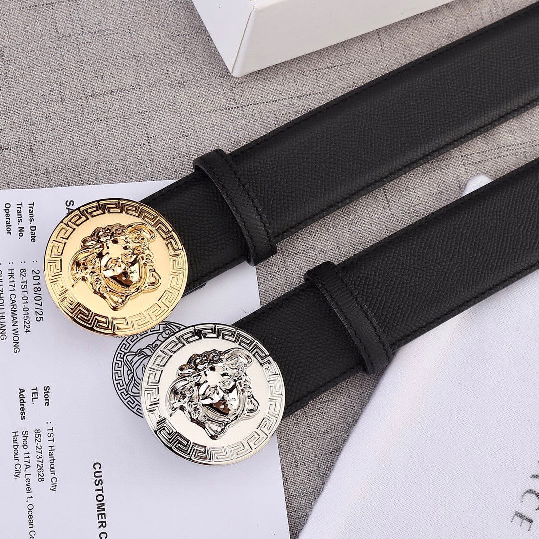 Versace belt, black leather belt with gold and silver medallion buckles shown together.
