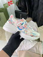 Gucci unisex sneakers, white with multicolor logo print and chunky white sole