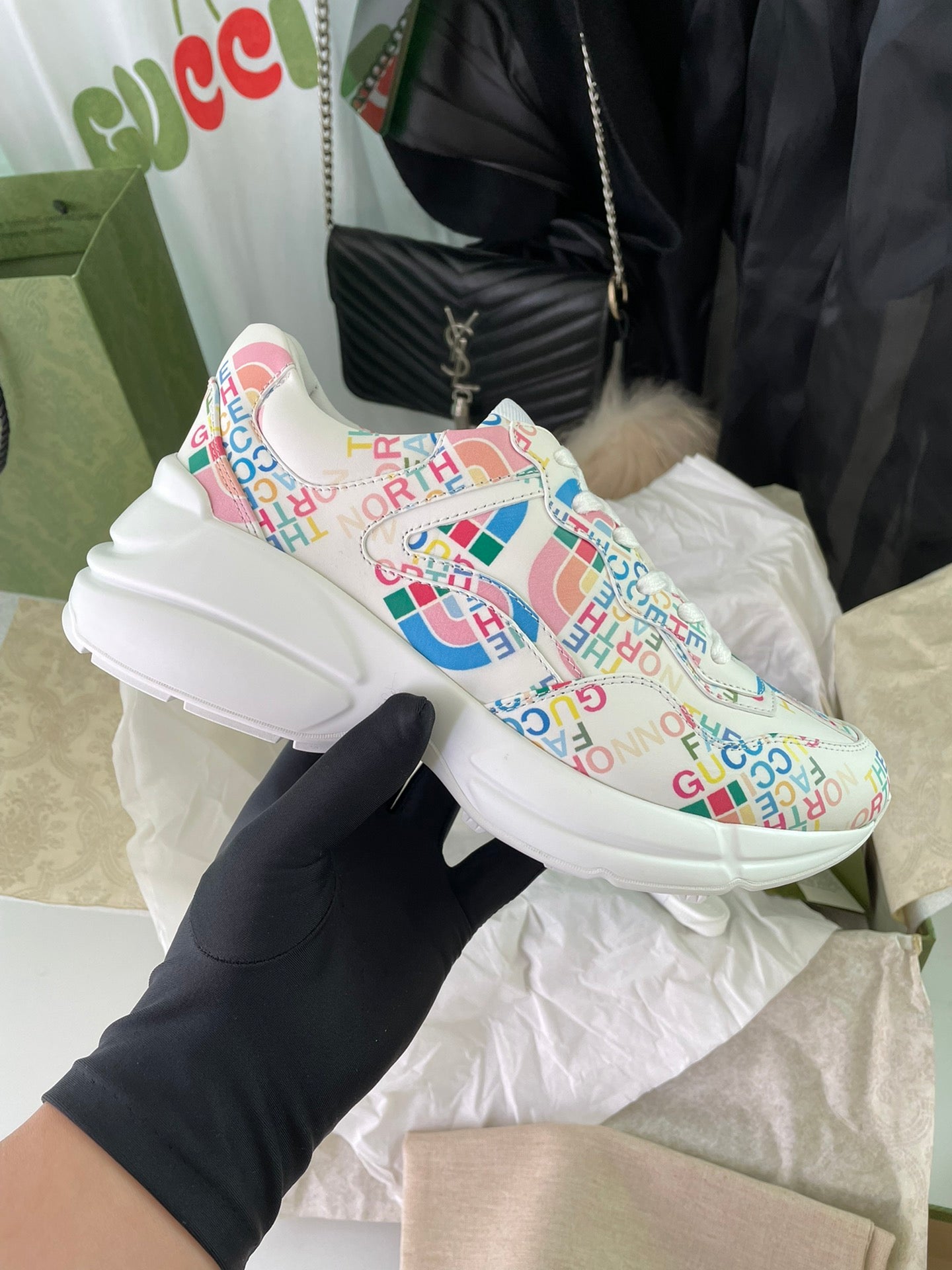 Gucci unisex sneakers, white with multicolor logo print and chunky white sole