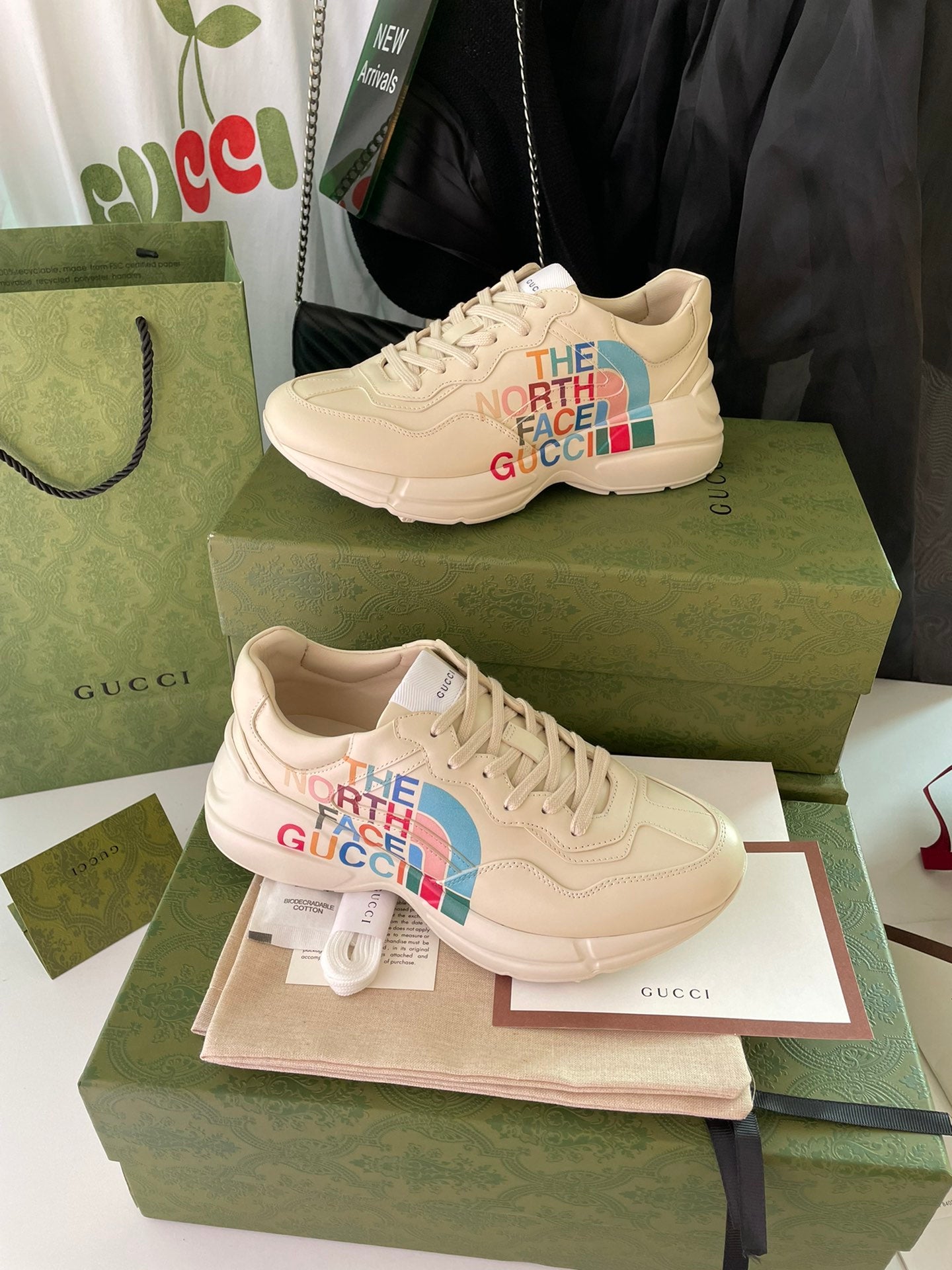 Beige Gucci x The North Face lace-up sneakers, colorful side 'The North Face Gucci' print