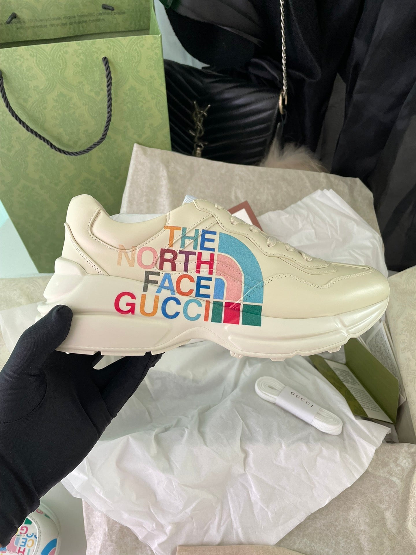 Beige Gucci x The North Face chunky sneakers, lace-up with colorful side logo
