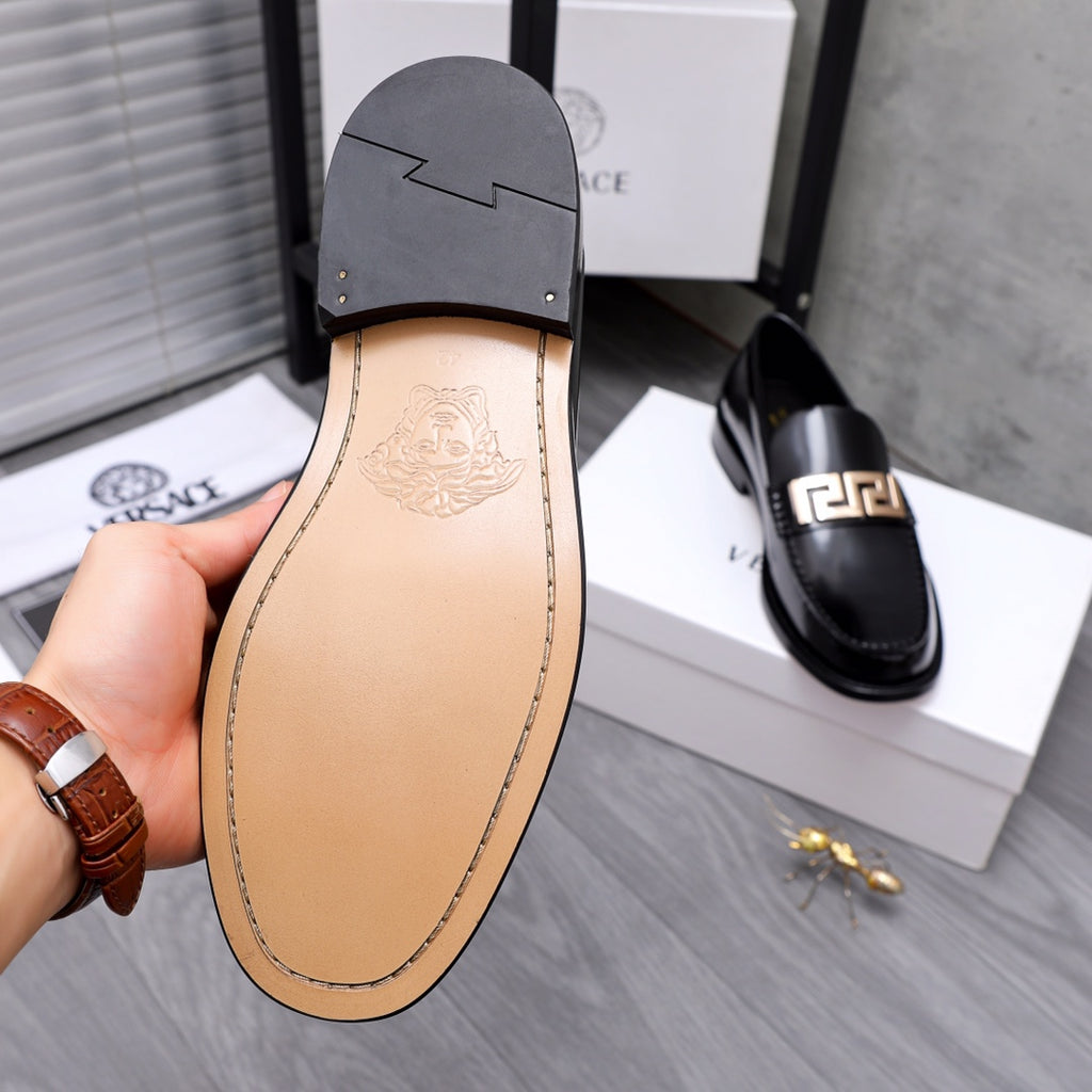 Luxury shoes Versace loafer underside with beige insole and black heel panel