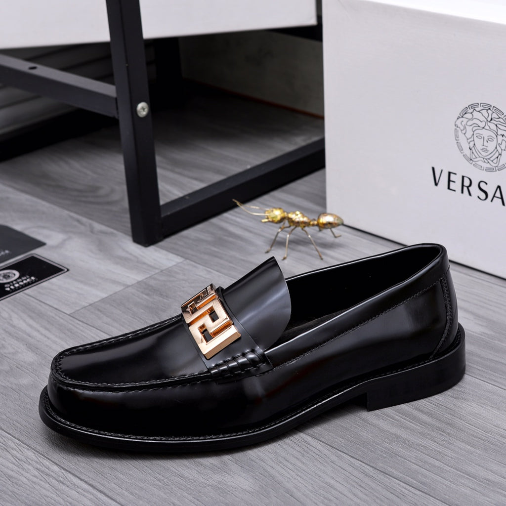 Luxury shoes Versace black leather loafer with gold-tone Greca buckle on vamp