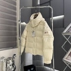 Moncler long puffer jacket, light cream, raised hood and quilted panels