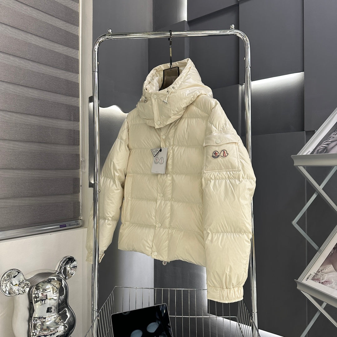 Moncler long puffer jacket, light cream, raised hood and quilted panels