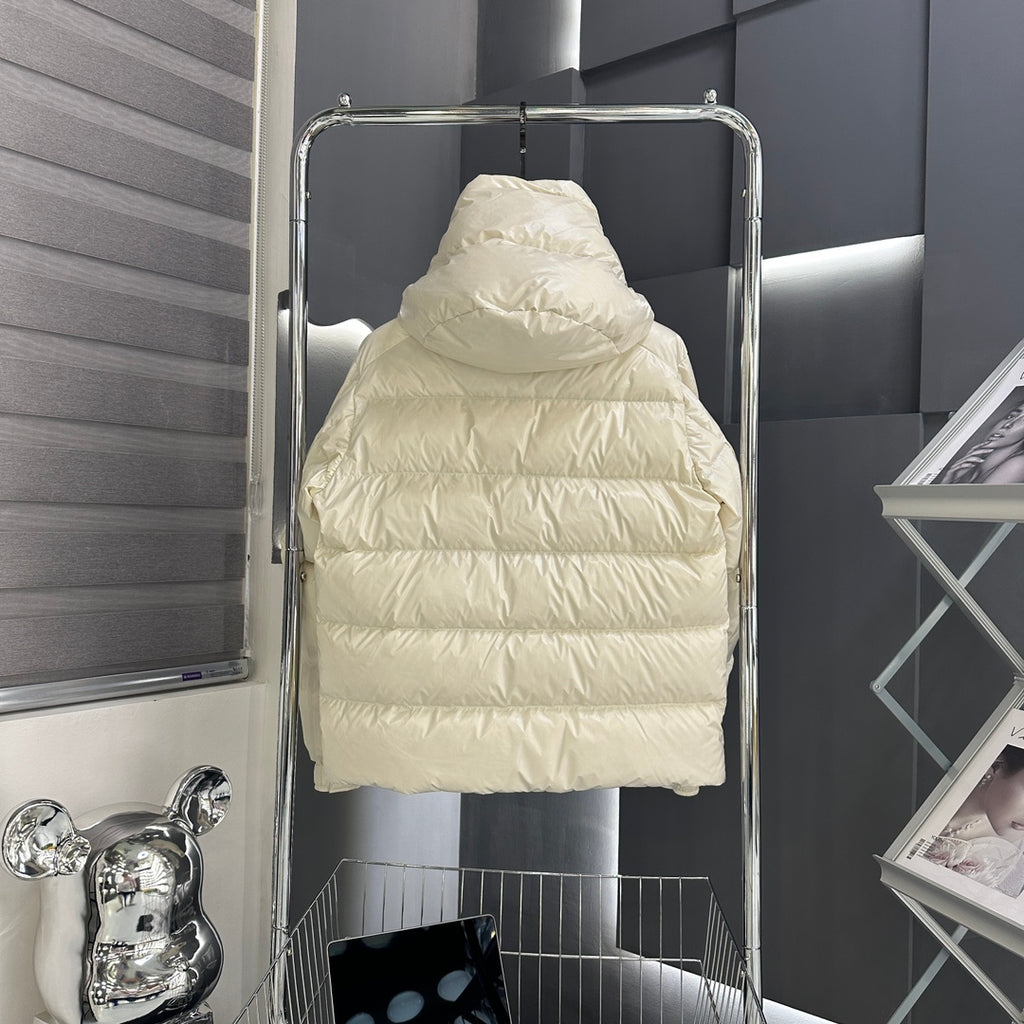 Moncler long puffer jacket back view, light cream quilted shell