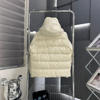 Moncler long puffer jacket back view, light cream quilted shell