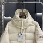 Moncler long puffer jacket hood with drawstrings, cream, front snap buttons