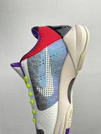 Basketball shoes with red heel overlay, blue textured panel, and neon green laces