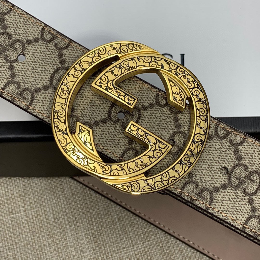 Gucci belt close-up: gold-tone G buckle on GG monogram canvas with brown edge trim.