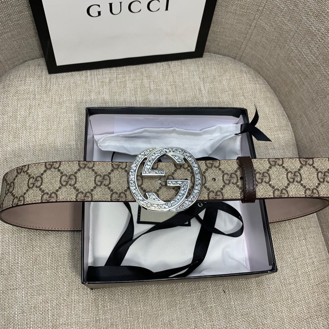 Gucci GG canvas belt in box with dark brown leather strap and G buckle