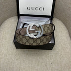 Gucci GG canvas belt with silver G buckle and dark brown leather strap