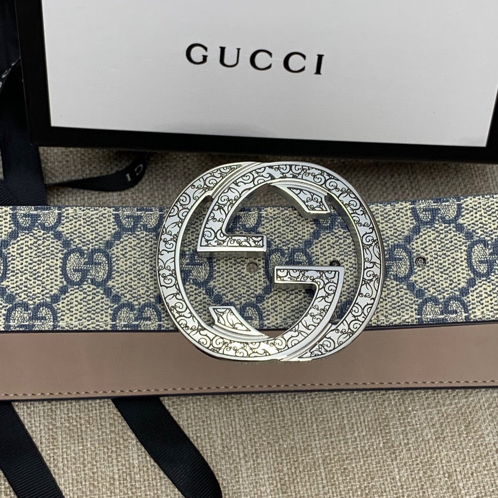 Gucci belt, blue GG canvas with large silver-tone interlocking G buckle