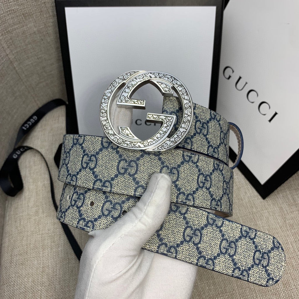 Gucci belt with blue GG canvas strap and round silver-tone logo buckle
