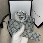Gucci belt with blue GG canvas strap and round silver-tone logo buckle