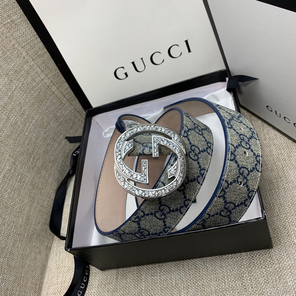Gucci belt with blue GG canvas strap and silver-tone round G buckle