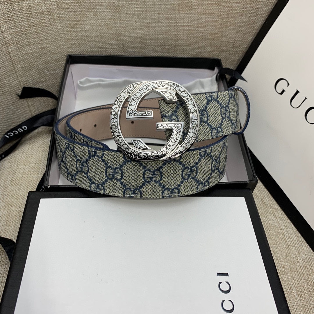 Gucci belt in blue GG canvas with silver-tone buckle and tan leather trim