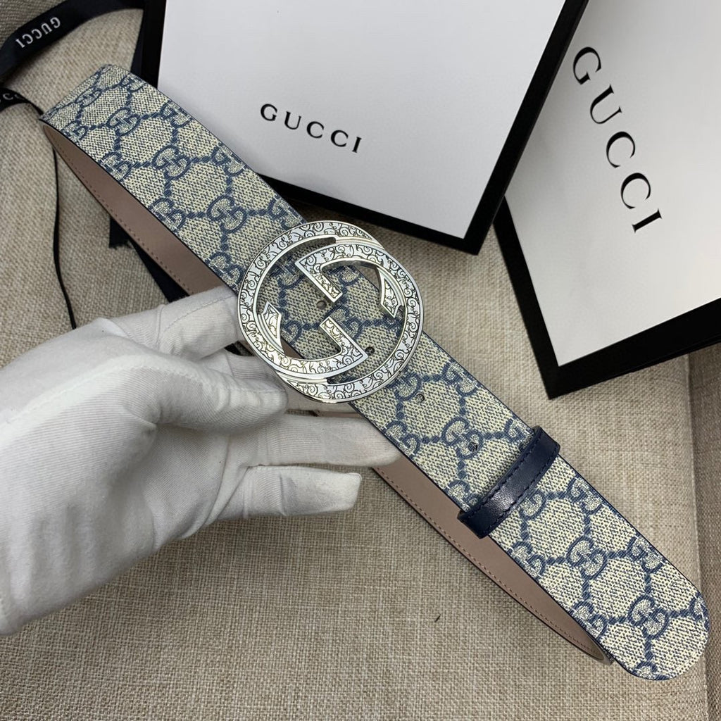 Gucci belt with blue GG canvas strap and silver-tone G buckle