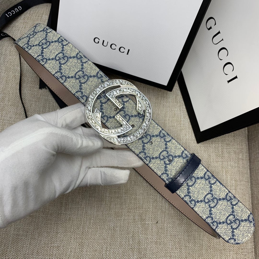 Gucci belt with blue GG canvas strap and silver-tone G buckle