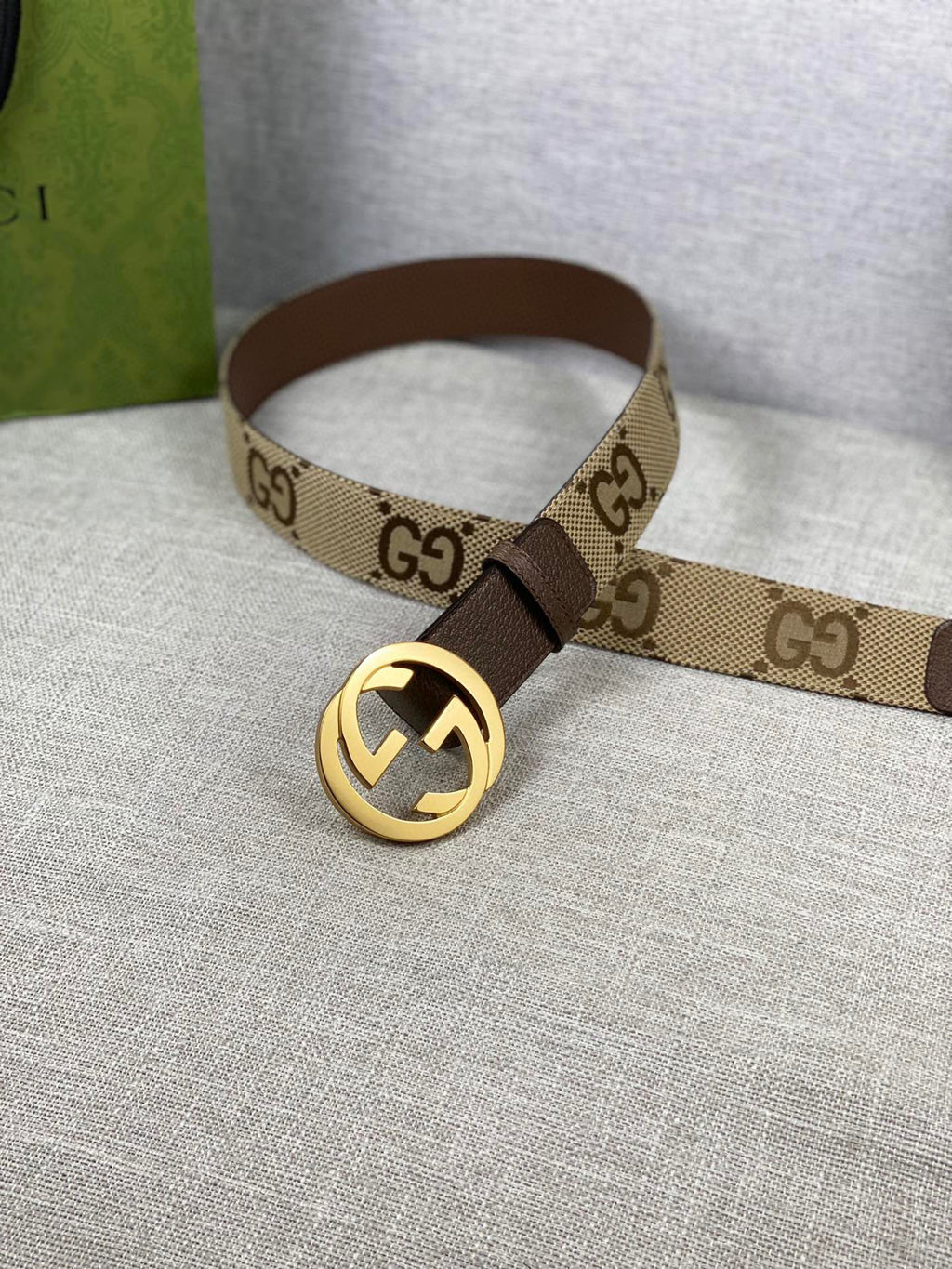 GG canvas and brown leather belt with gold-tone buckle