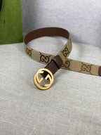 GG canvas and brown leather belt with gold-tone buckle